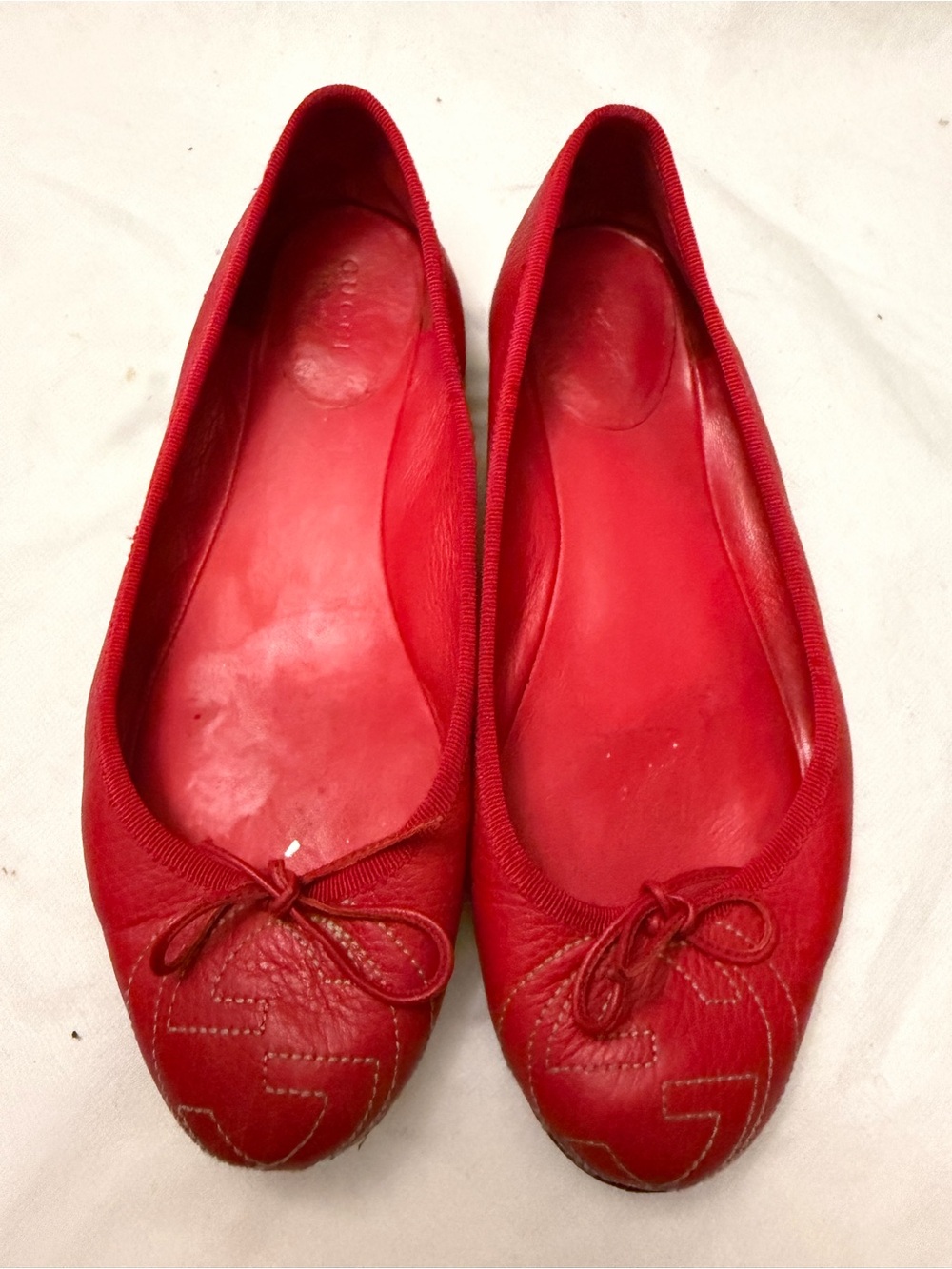 Gucci Red Leather bow Ballet Flats, pre-owned